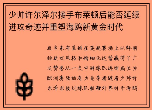 少帅许尔泽尔接手布莱顿后能否延续进攻奇迹并重塑海鸥新黄金时代 少帅许尔泽尔接手布莱顿后能否延续进攻奇迹并重塑海鸥新黄金时代