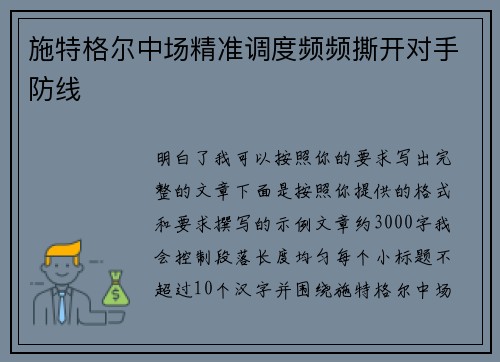 施特格尔中场精准调度频频撕开对手防线