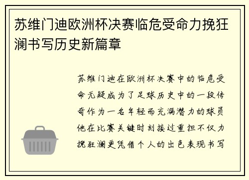 苏维门迪欧洲杯决赛临危受命力挽狂澜书写历史新篇章 苏维门迪欧洲杯决赛临危受命力挽狂澜书写历史新篇章